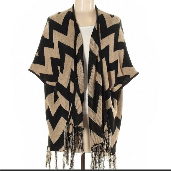 Faded Glory L tan-black chevron open front fringed cardigan sweater - Picture 1 of 6